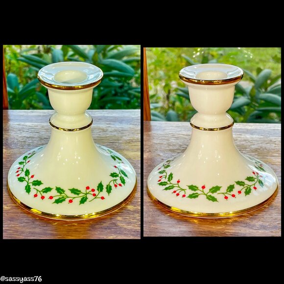 ▪️VTG▪️GEROLD-PORZELLAN▪️Pair Porcelain Gold Trim Holly Berry Candle Holders - Picture 4 of 8